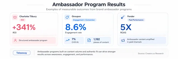 Brand ambassador program results showing 341% ROI, 8.6% engagement rate, and 5X ROAS from influencer campaigns