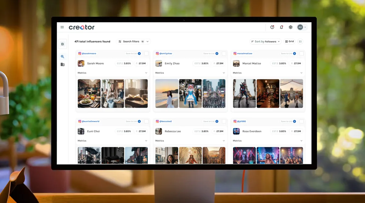 Creator.co influencer database dashboard showing 471 creators with engagement metrics and Instagram feed previews