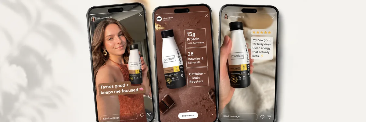 Instagram Stories from influencers promoting Complete protein shake brand with testimonials and product specifications