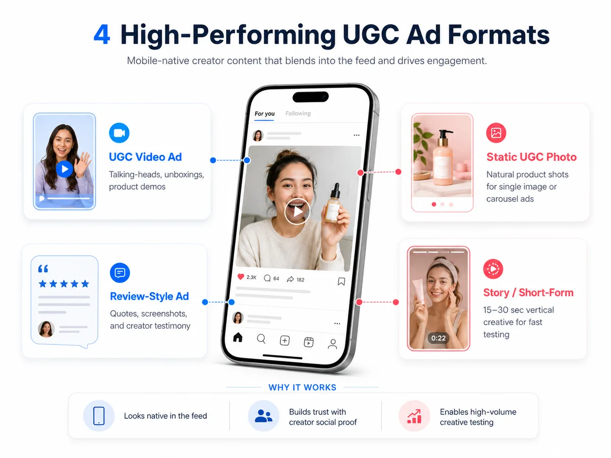 4 UGC ad formats for creators: video ads, review-style ads, static photos, and story formats shown on mobile phone screen
