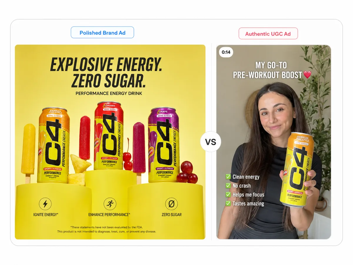 Polished C4 Energy brand ad vs authentic UGC influencer ad comparison for marketing strategy